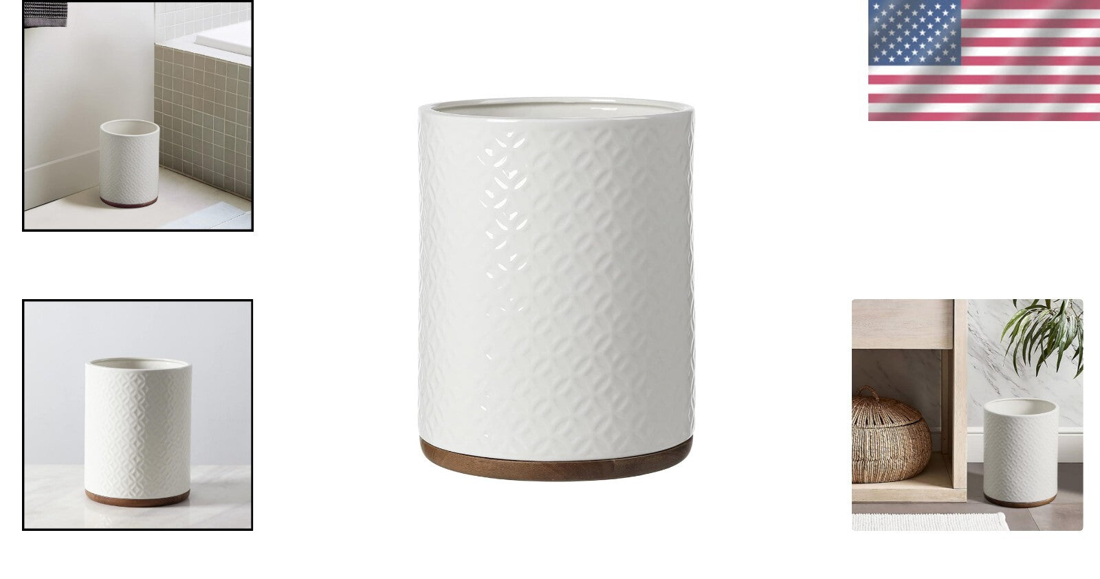 Ceramic Decorative Trash Can with Wooden Base - Luxurious Bathroom Wastebasket
