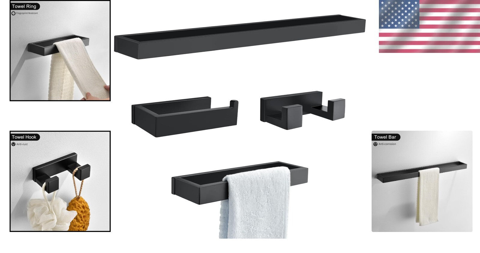 Chic 4-Piece Bathroom Towel Bar Set in Matte Black – Easy Screw-In Installation