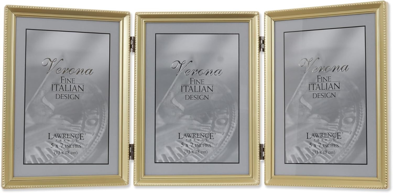 Elegant 5x7 Triple Photo Frame in Antique Satin Gold with Beaded Border