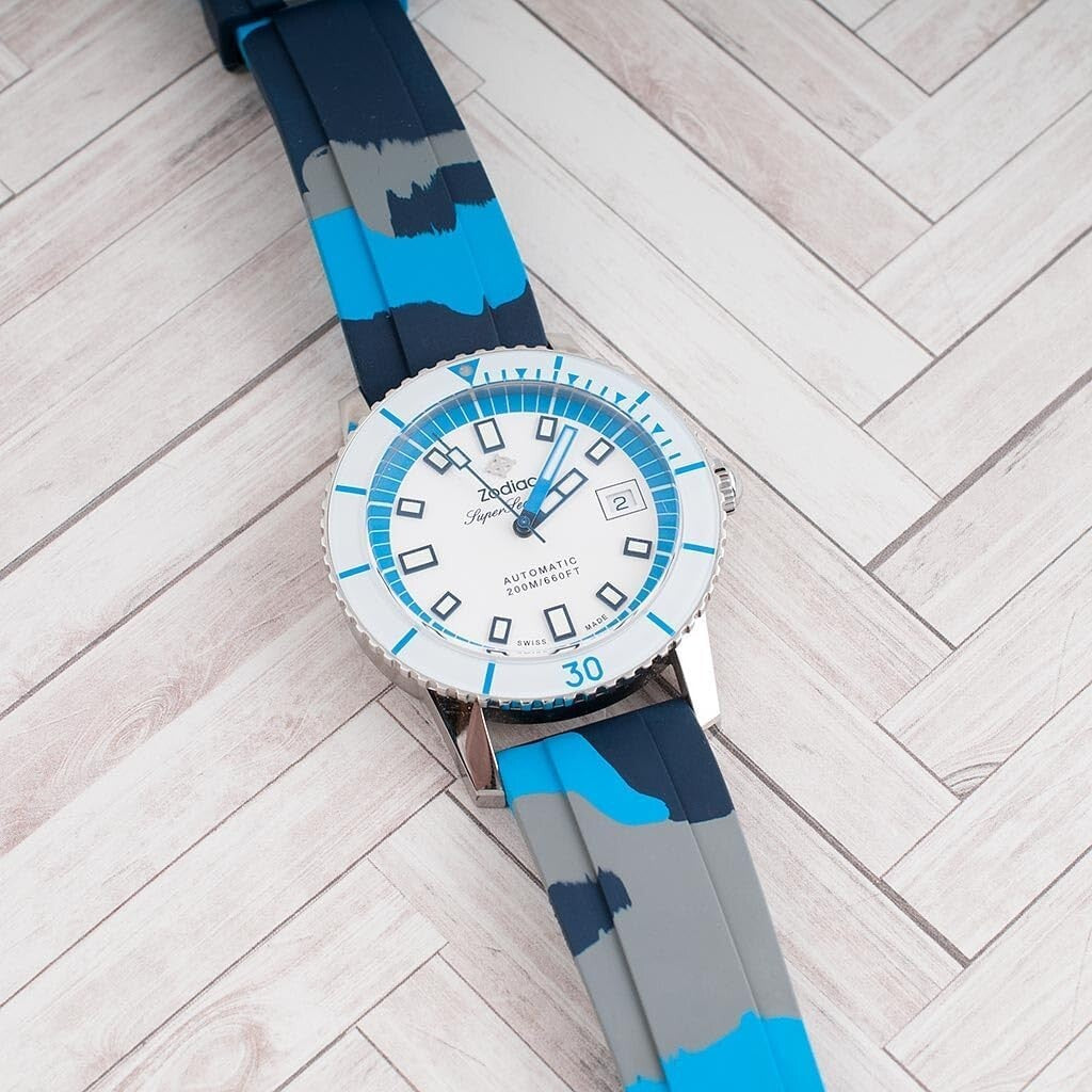 Elegant Quick Release Rubber Watch Strap in Dk Blue, Lt Blue, Gray - Men's Sizes