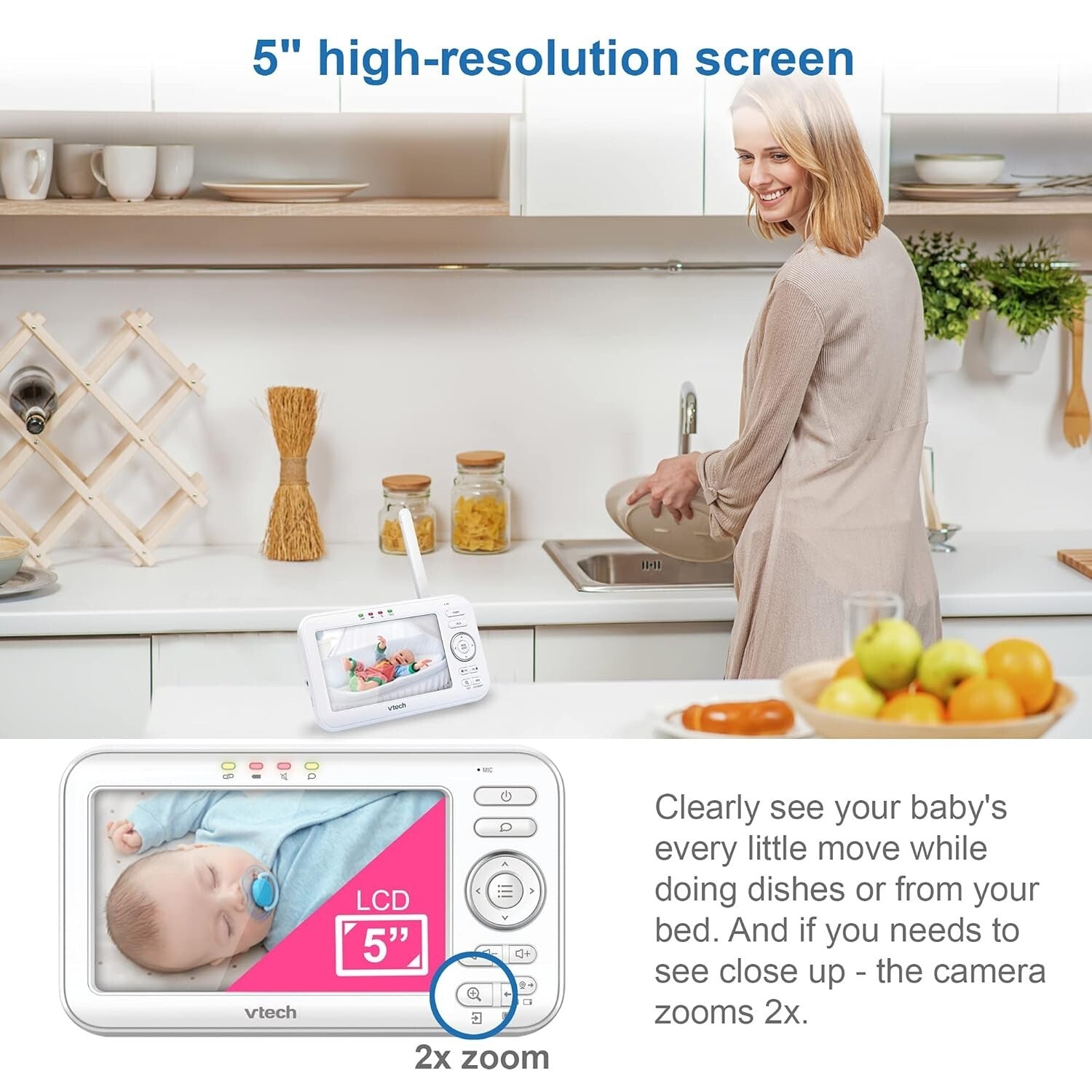 Secure 5-Inch Baby Monitor with Dual Cameras, Glow Night Light & Soothing Sounds
