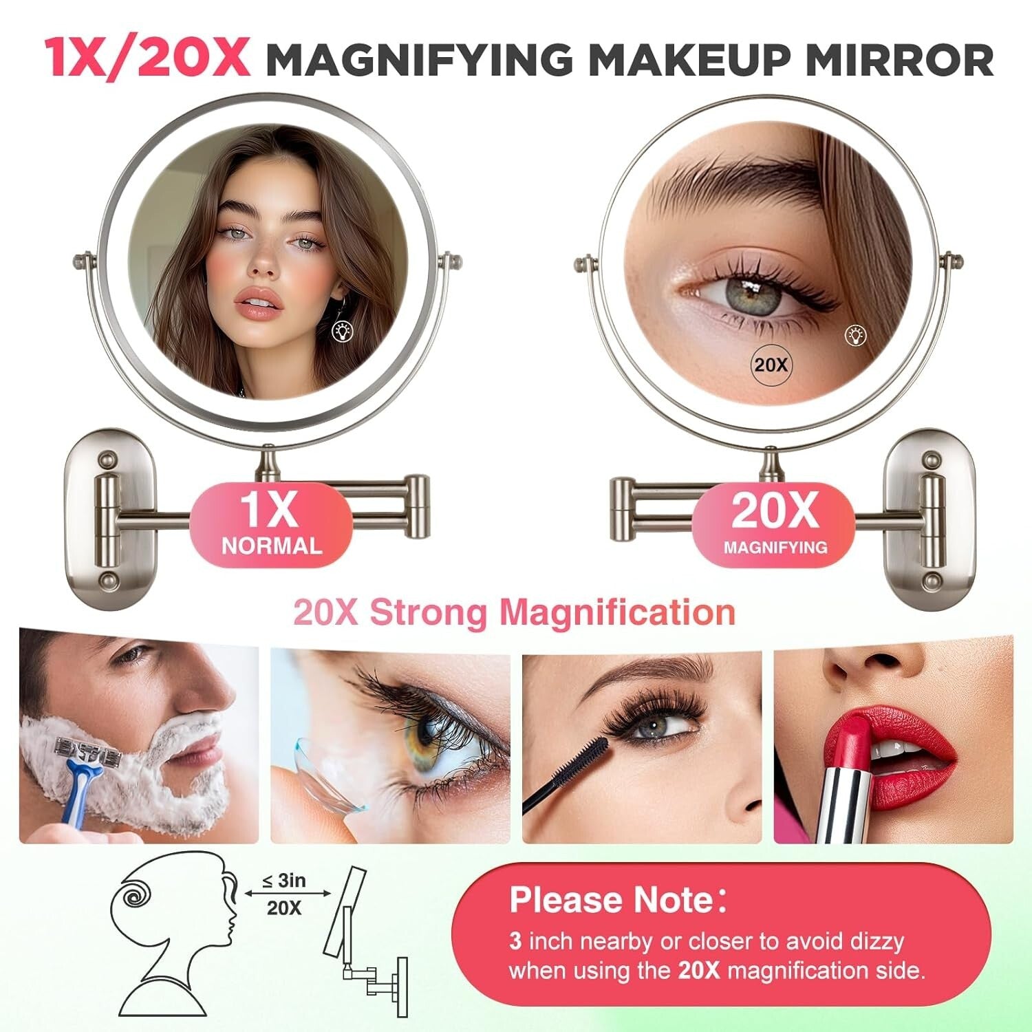Double-Sided 20X/1X Makeup Mirror with Adjustable Brightness & 3 Color Lights