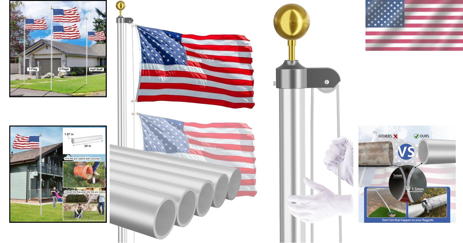 20 FT Heavy Duty Aluminum Flag Pole Kit with 3x5 American Flag - Silver Finish