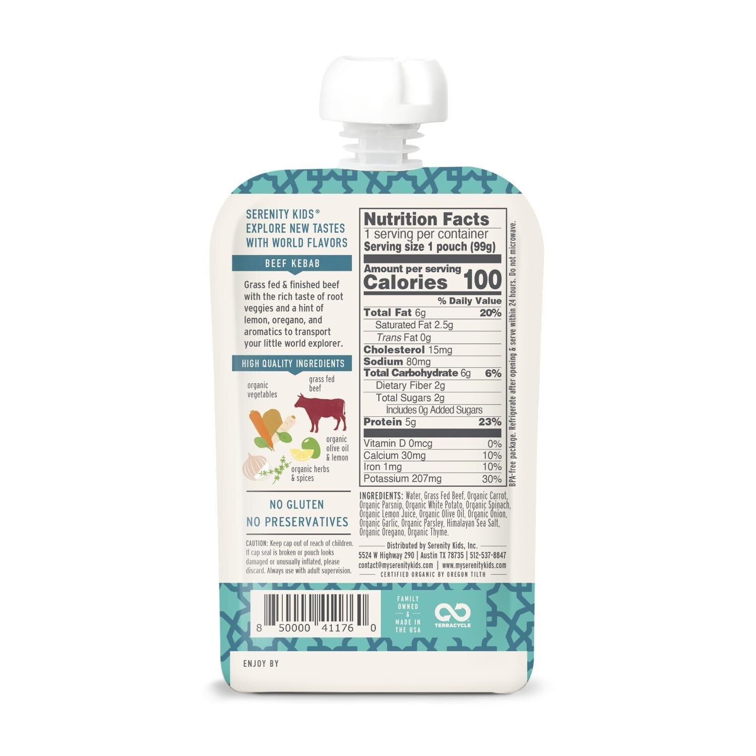 Flavorful 7+ Months Organic Baby Food Pouches - Beef Kebab & Veggies, 12 Pack