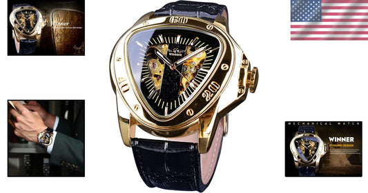 Elegant Mechanical Men's Watch with Pyramid Dial and Leather Strap Design