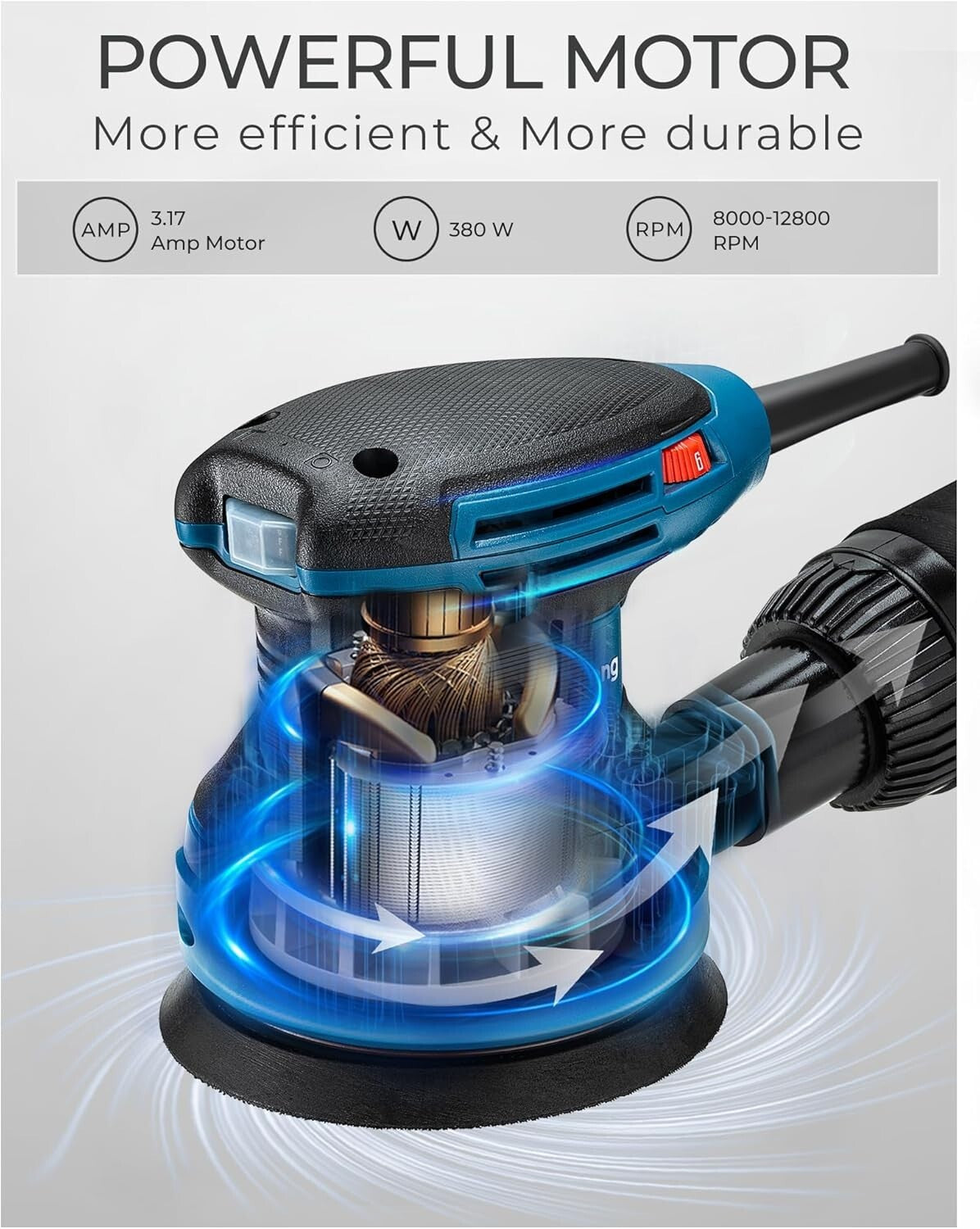 5-Inch Random Orbital Sander 380W with 20 Sandpapers & Dust Bag for Woodwork