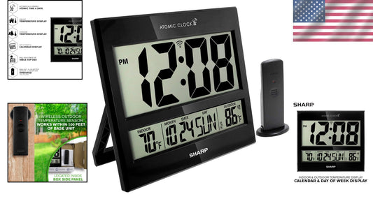 Battery Operated Atomic Clock - 3" LCD Display & Wireless Temperature Sensor