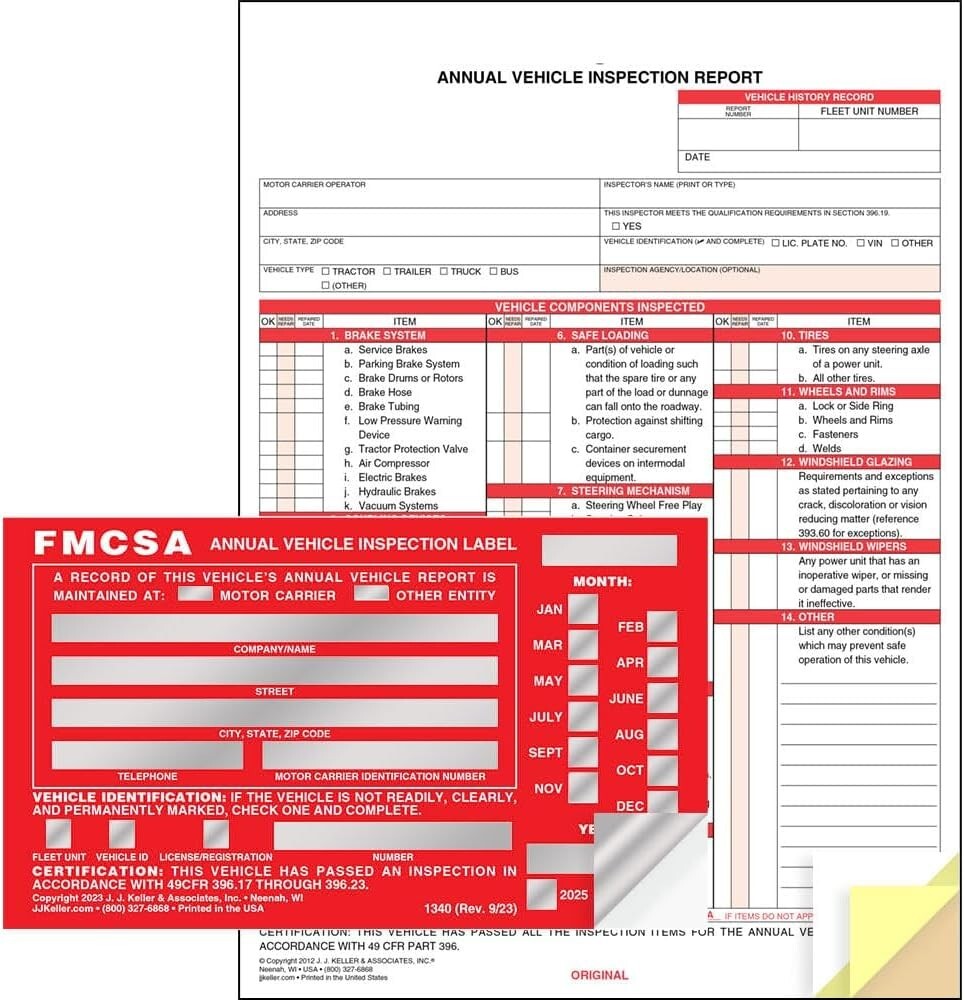 Carbonless Vehicle Inspection Report Forms with Durable FMCSA Labels - 25-Pack
