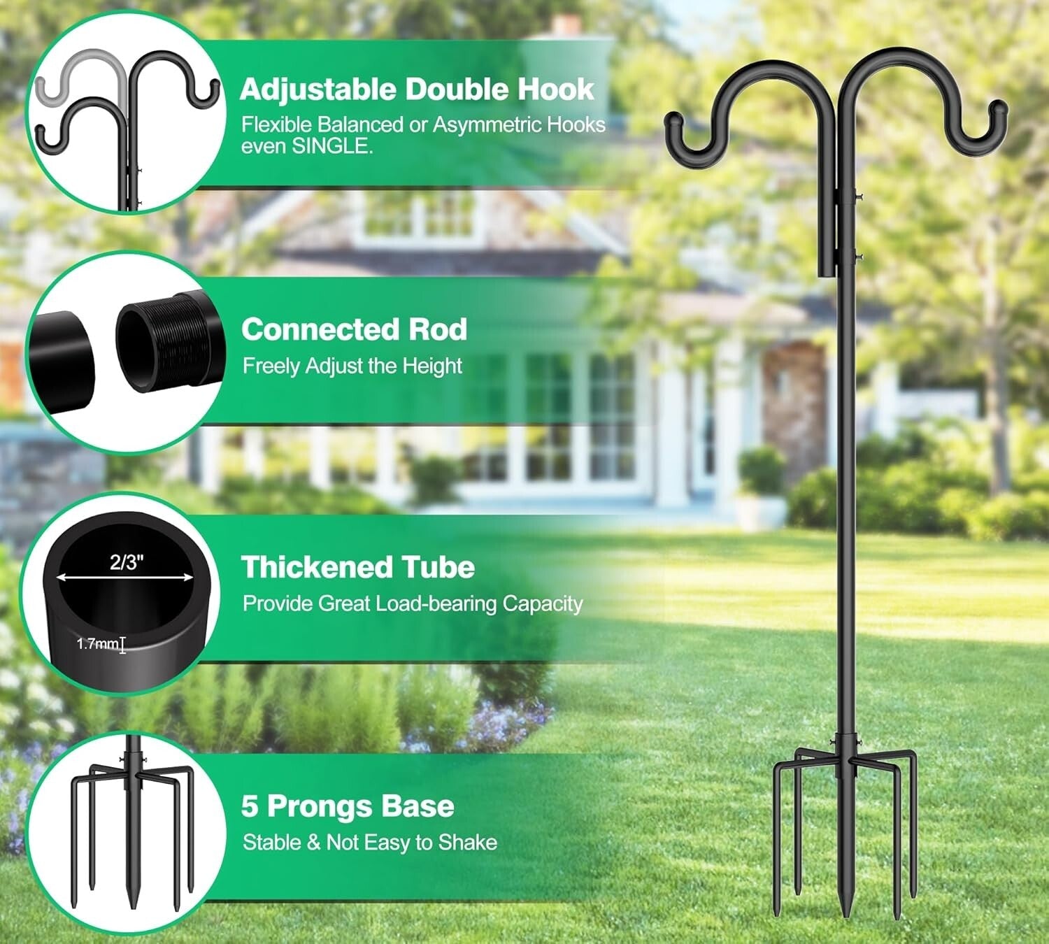 Versatile 2-Pack Double Shepherds Hooks with 5-Prong Base for Premium Stability