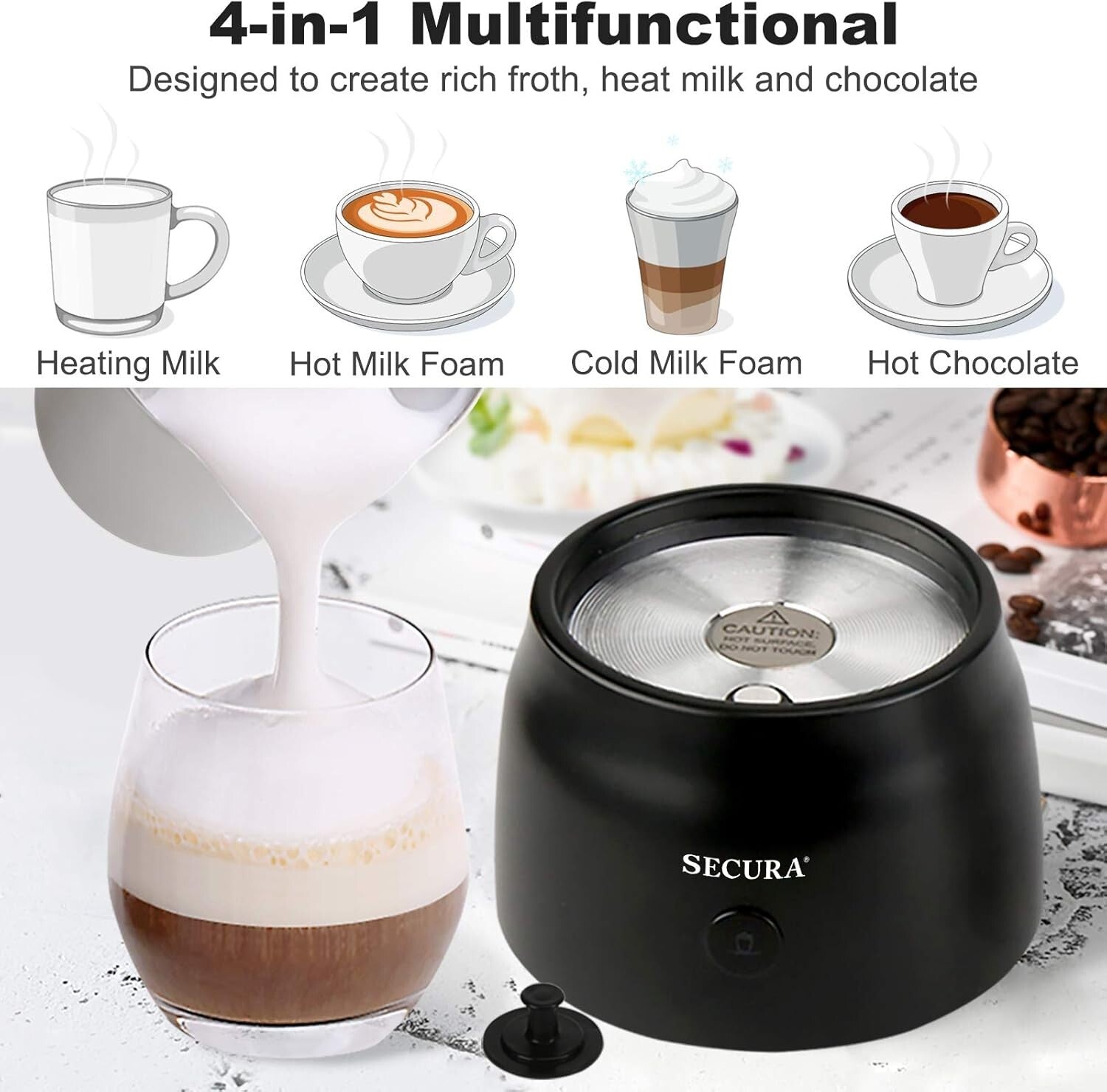 Stainless Steel Electric Milk Frother & Hot Chocolate Maker - 17oz Capacity