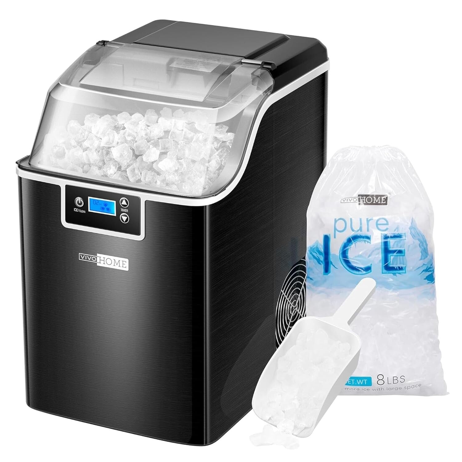 Efficient Nugget Ice Maker with LCD Panel and Self-Cleaning Feature - Portable