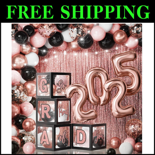 Class of 2025 Black Pink Graduation Decor Set - 86Pcs with LED Lights & Balloons