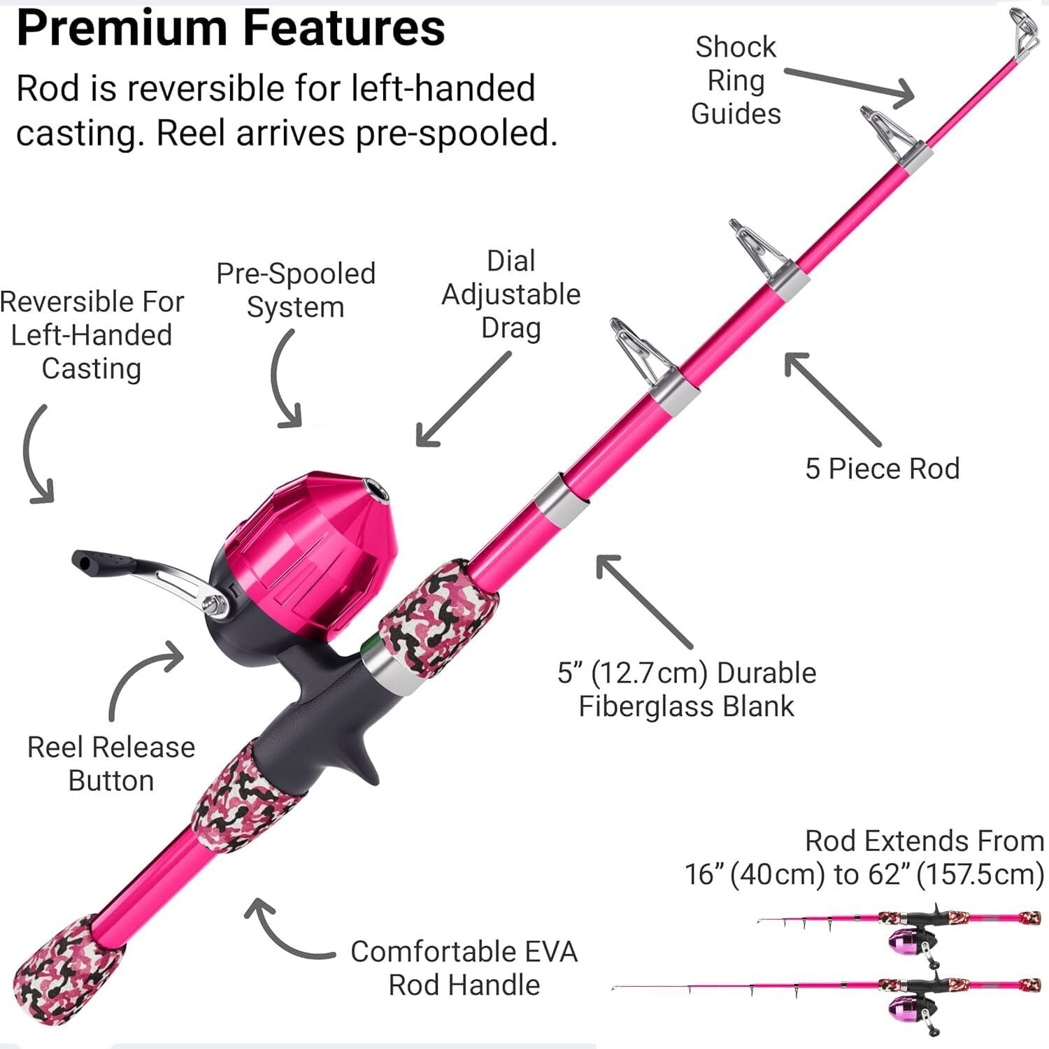 Beginner's Camo Pink Fishing Rod Kit - 65 Inch Telescopic Gear for Kids