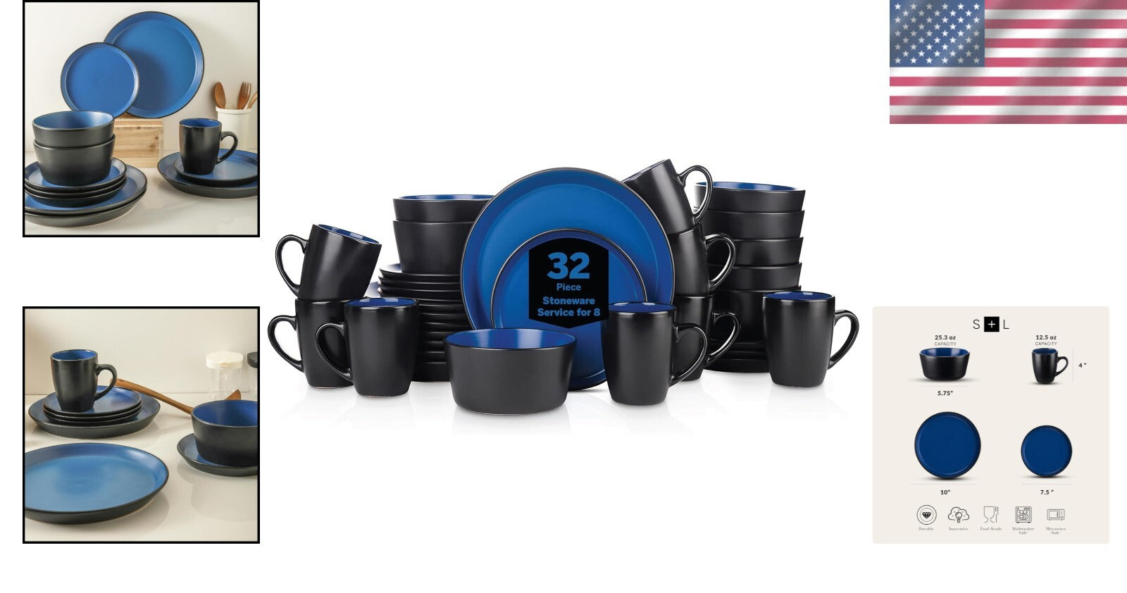 Elegant 32-Piece Blue & Black Stoneware Dish Set - Microwave and Dishwasher Safe