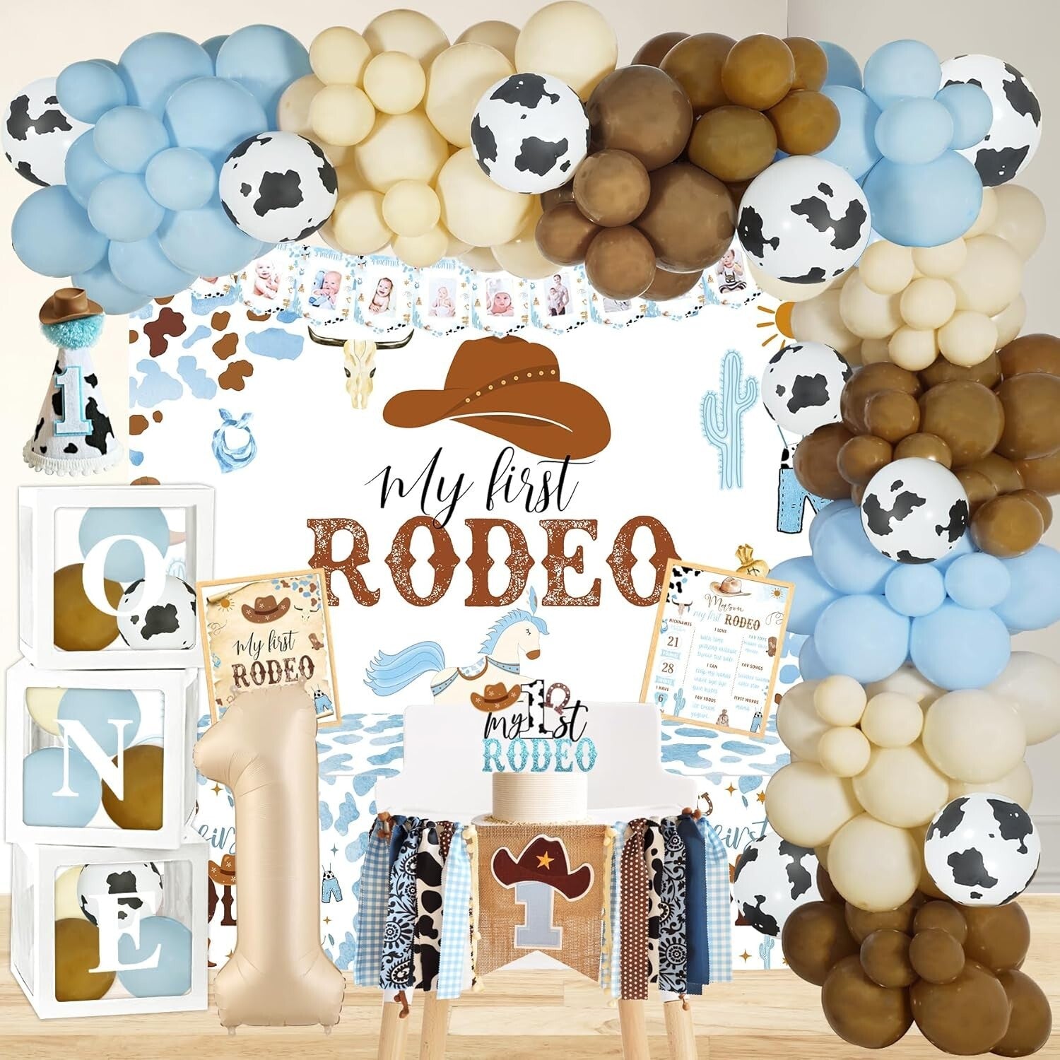 Vibrant Cowboy 1st Birthday Party Decor - High Chair Banner and Balloon Garland