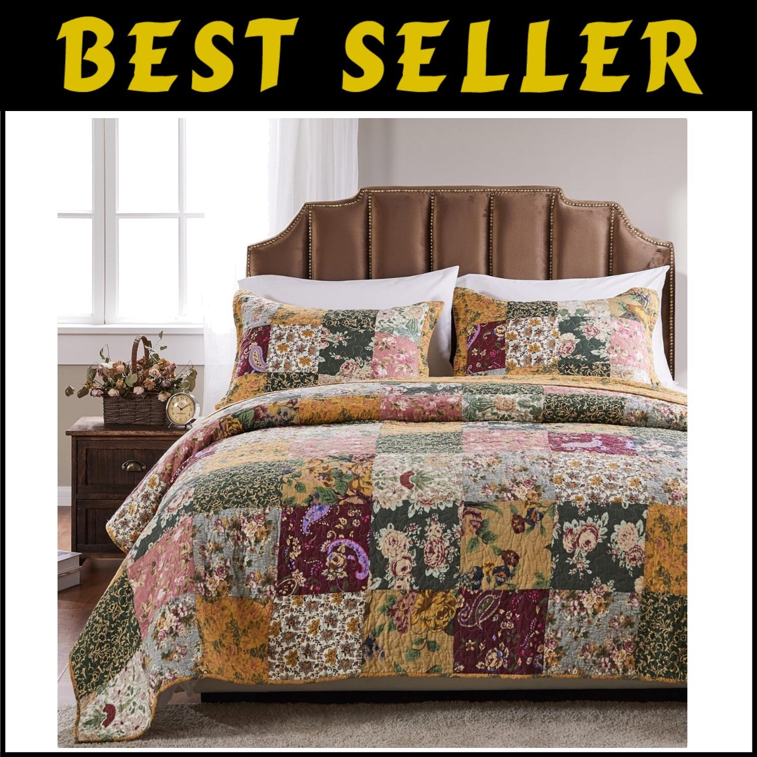 Elegant 3-Piece Full/Queen Cotton Patchwork Quilt Set - Natural Floral Design
