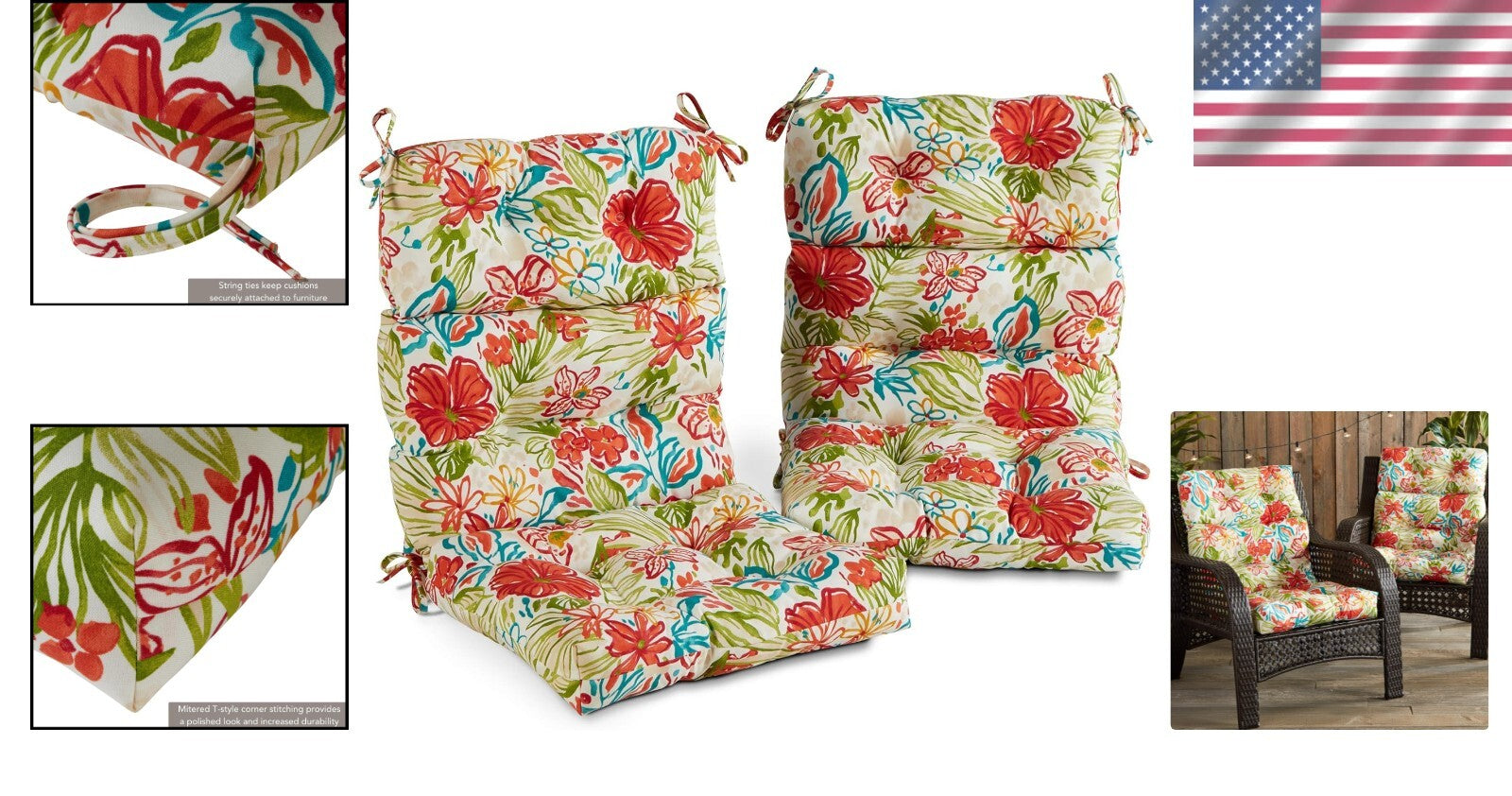 Garden Floral High Back Chair Cushion Set, 2 Pieces - Fade & Stain Resistant