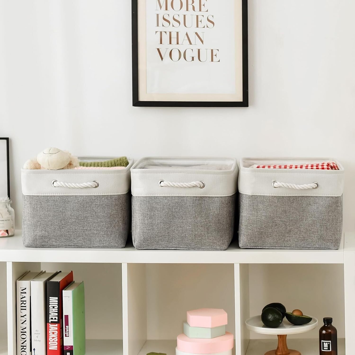 Durable White & Grey Fabric Storage Baskets - X-Large Size for Home Organization