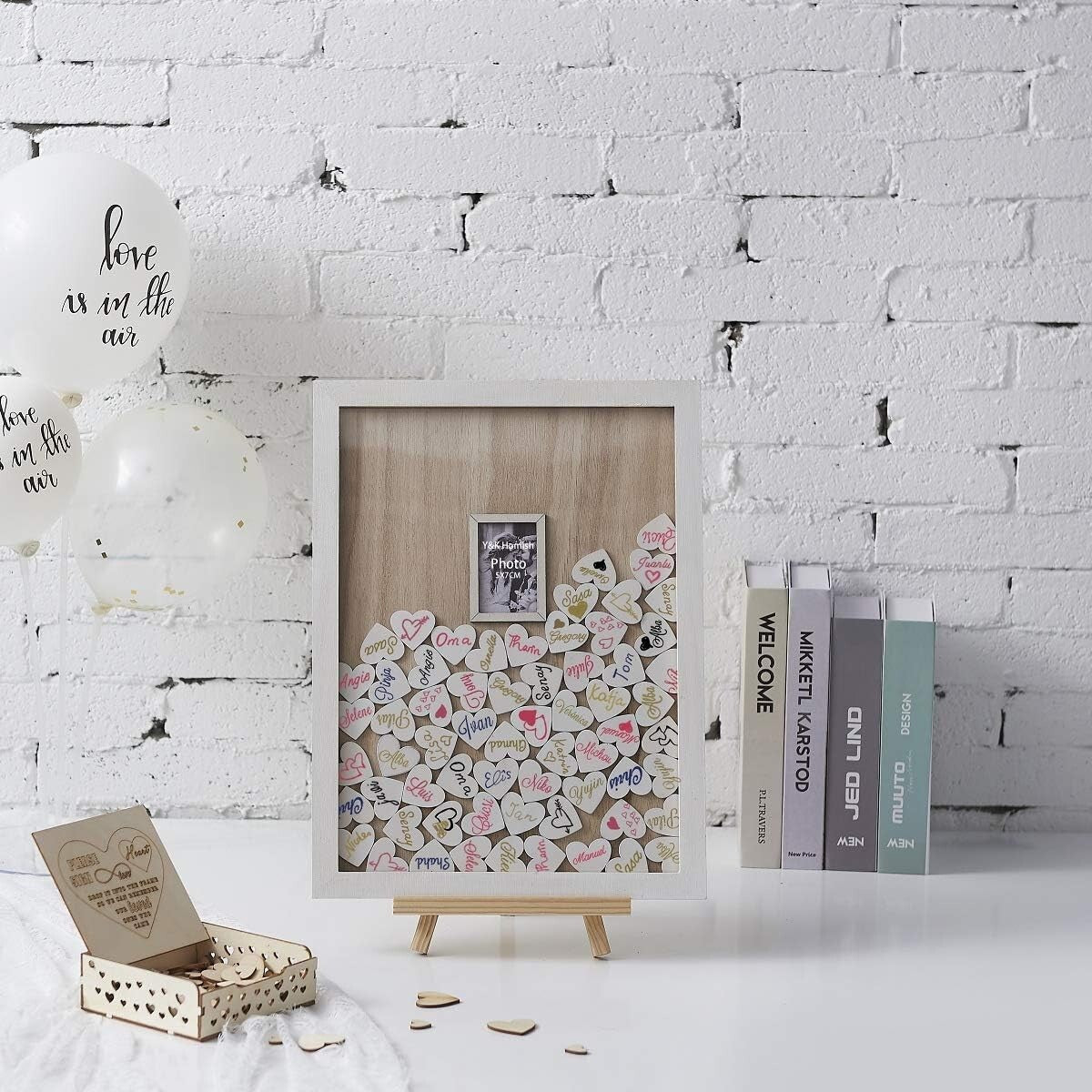 Art Deco Wedding Guest Book Frame with Natural Finish and Signing Hearts