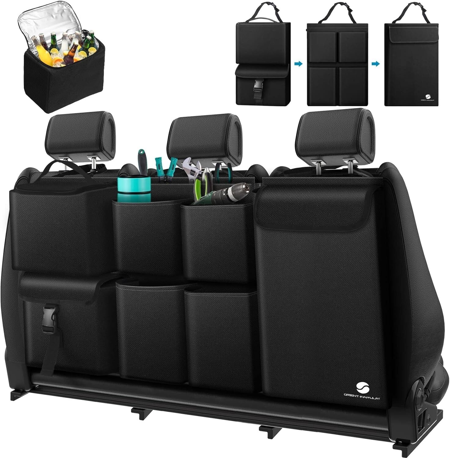 Hanging Car Trunk Organizer with Leakproof Cooler - 7 Large Compartments, Black