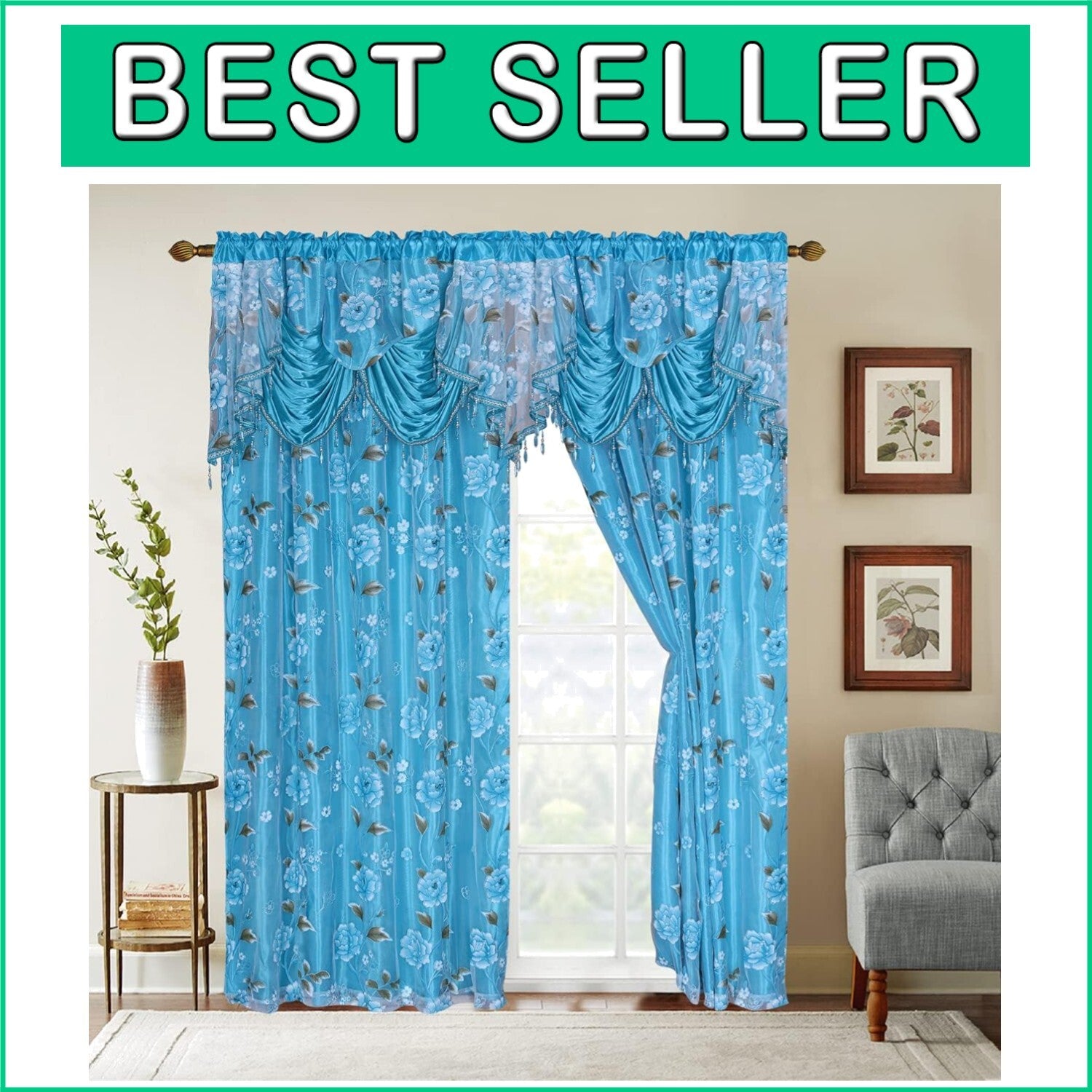 Balsam Collection Sheer Backing Curtains - 2 Panels 55x84, Blue Floral Elegance
