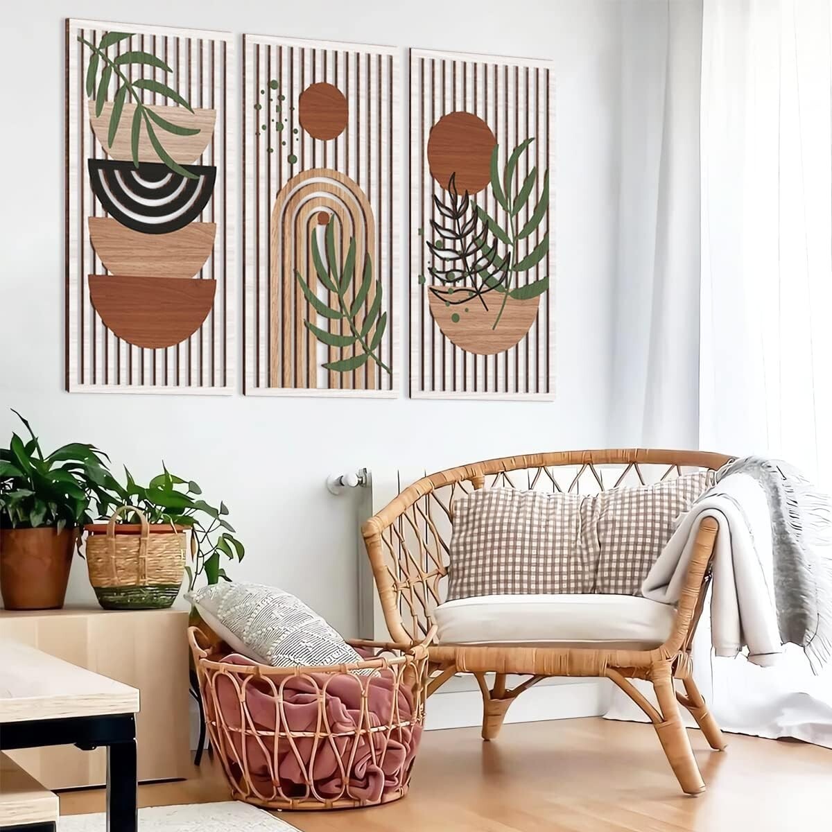 Mid Century Modern Hollow Wooden Wall Art Set - Sun, Moon, Plant Decor (32"x16")