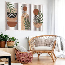 Load image into Gallery viewer, Mid Century Modern Hollow Wooden Wall Art Set - Sun, Moon, Plant Decor (32"x16")