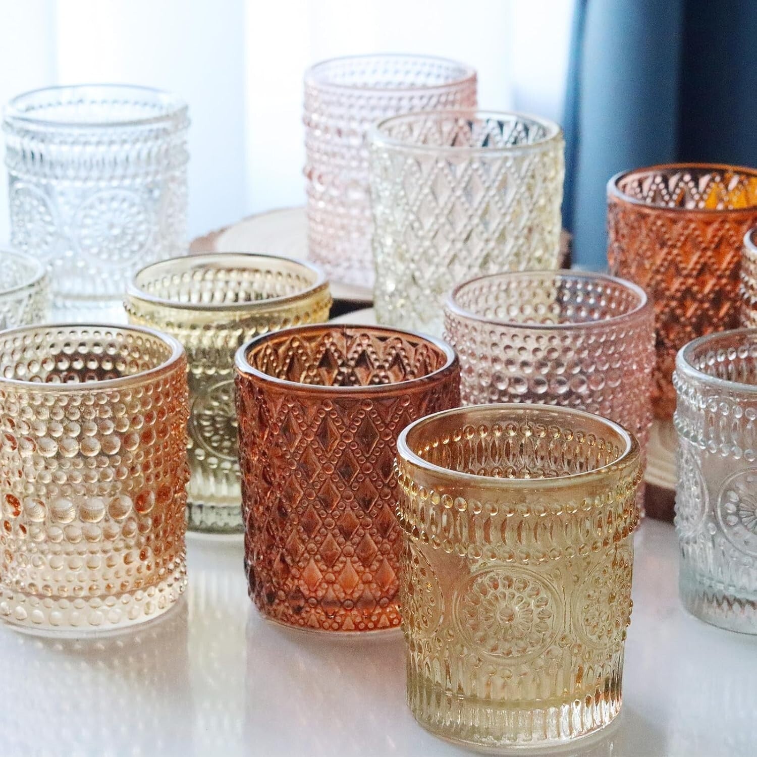 Durable 24-Piece Glass Candle Holders Set - 3 Patterns, Perfect for Centerpieces