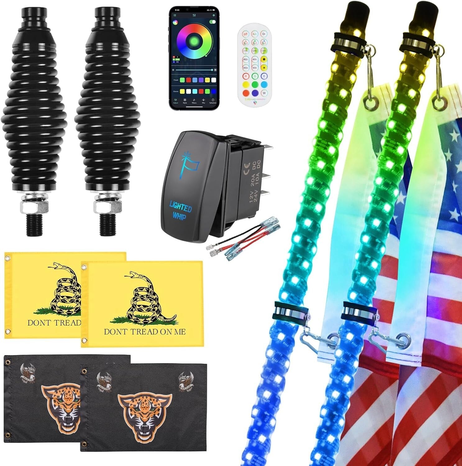 2 Pack 3FT RGB LED Whip Lights with App & Remote Control - Waterproof & Durable