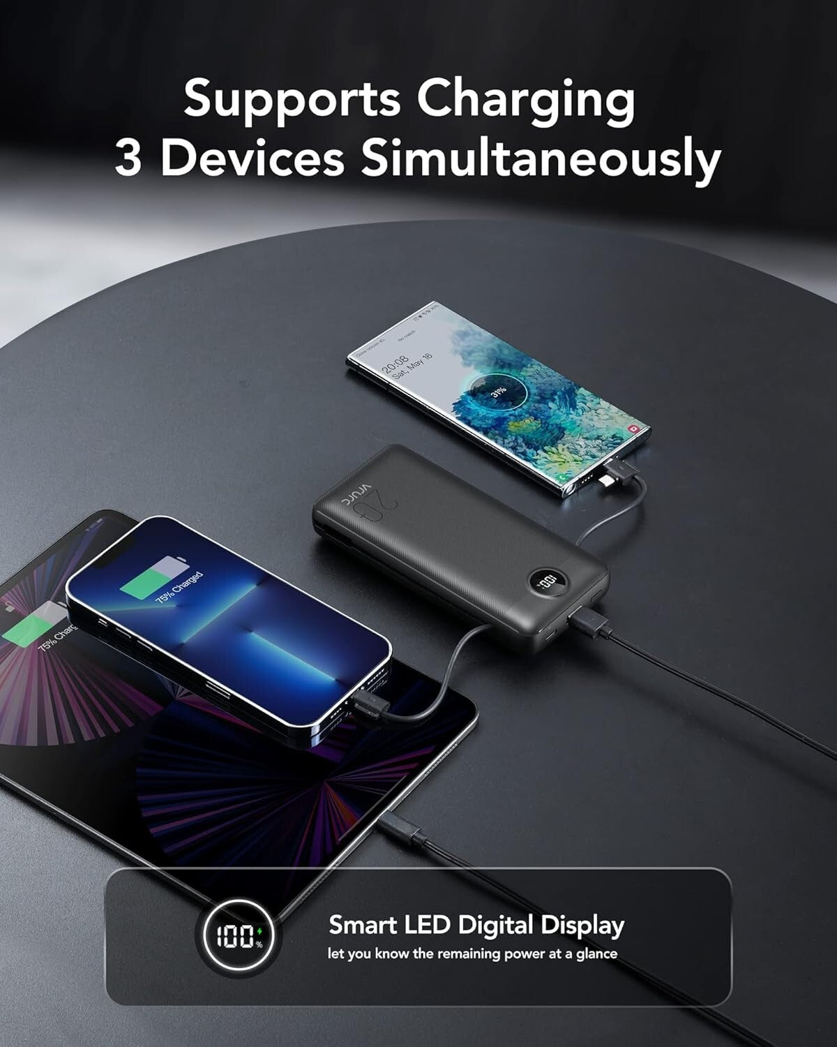 20000mAh Fast Charging Power Bank with Built-In Wall Plug & LED Display