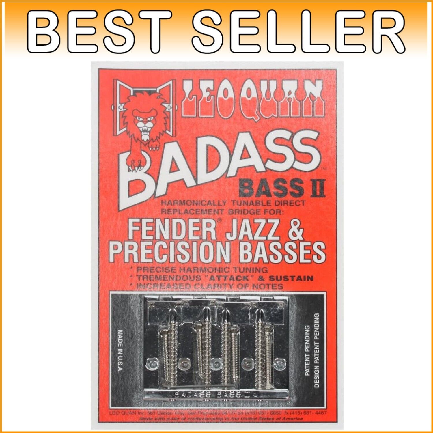 Durable Badass II Chrome Bridge - Fits 4-String Electric Bass, Screws Included