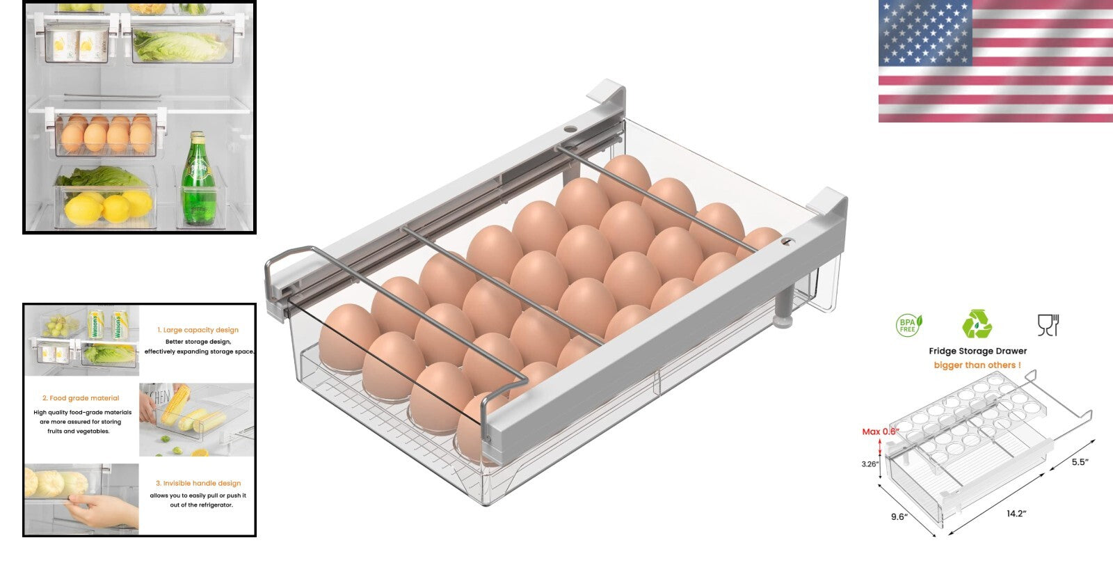 Large Clear Refrigerator Drawer with Removable Egg Tray - BPA Free Organizer