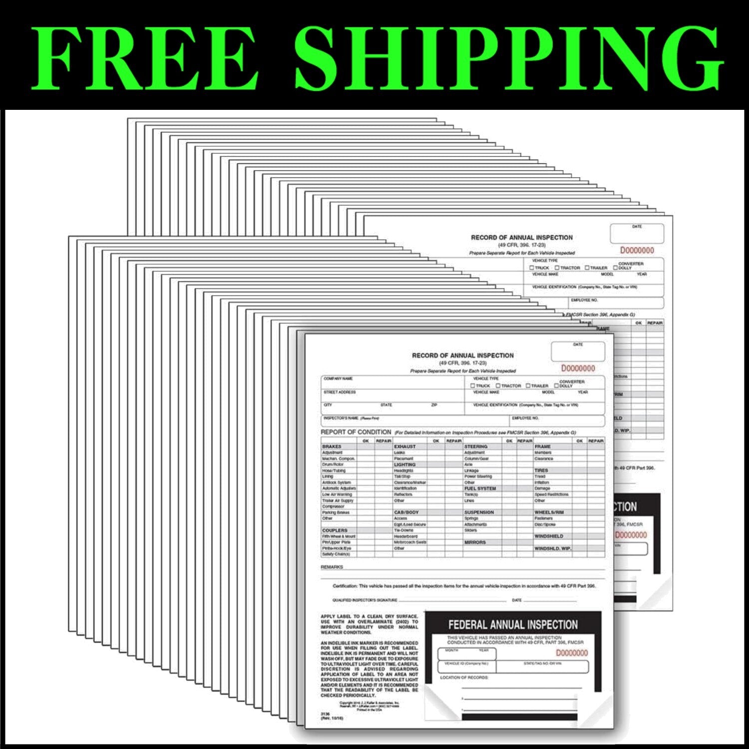 Durable 50-Pack Record of Annual Inspection Forms with Black Decals - USA Made