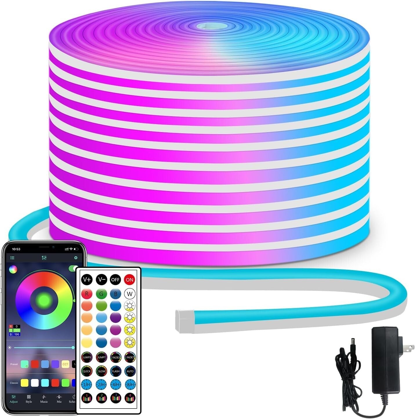 50ft RGB Waterproof LED Neon Strip Lights with Remote & App Control - 24V