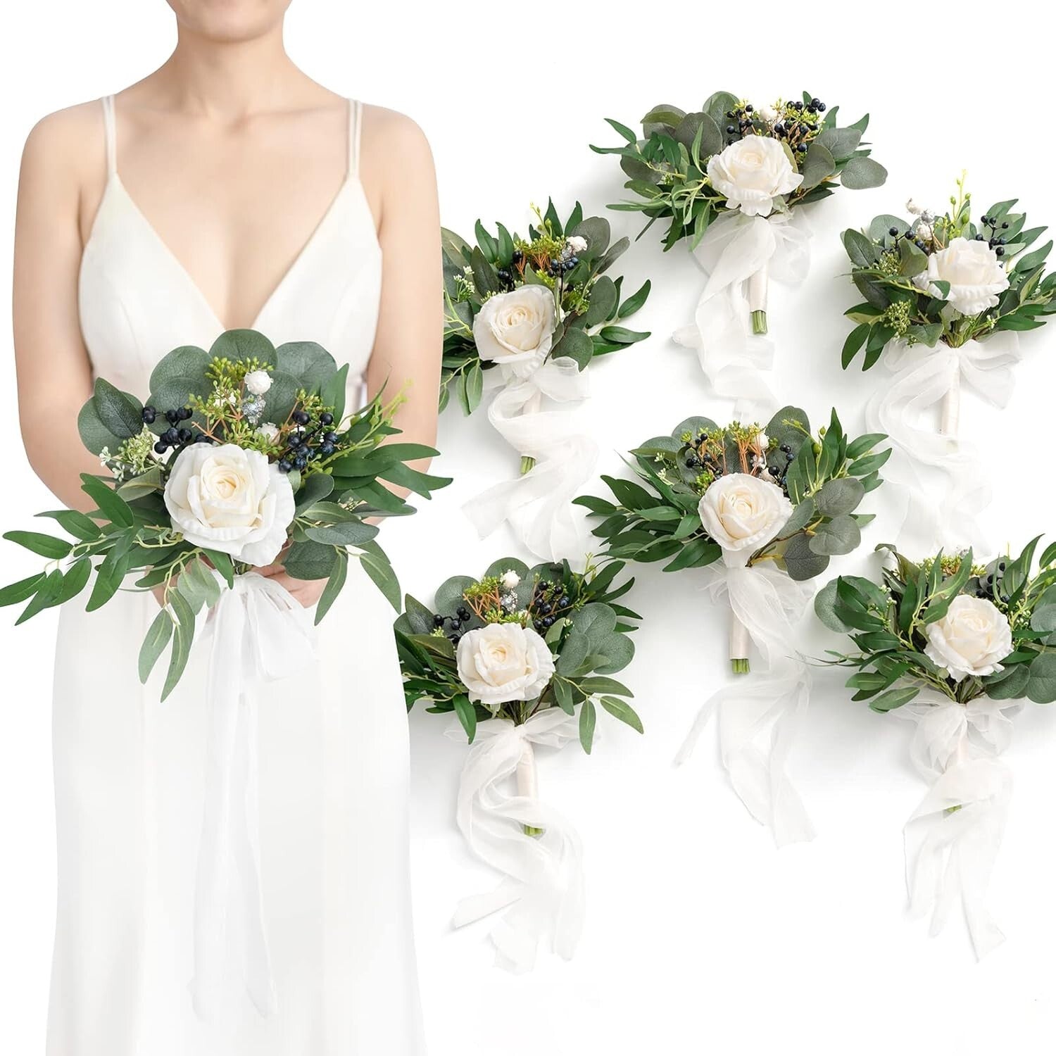 Durable Silk Bridesmaid Bouquets in White and Sage - Set of 6 for Ceremonies