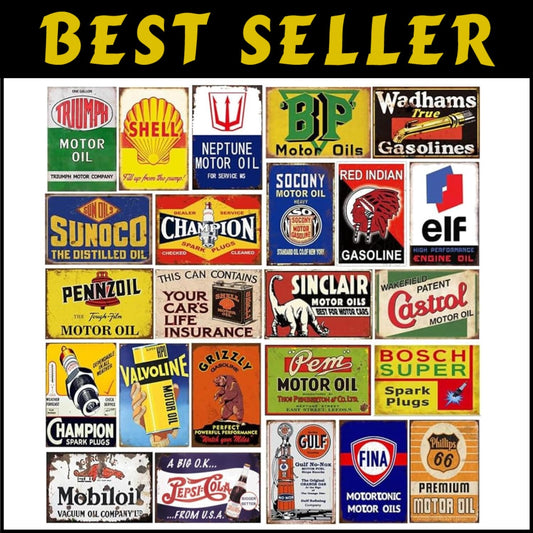 8x12 Inch Vintage Tin Signs Pack - 24 Distressed Ads for Man Cave and Garage