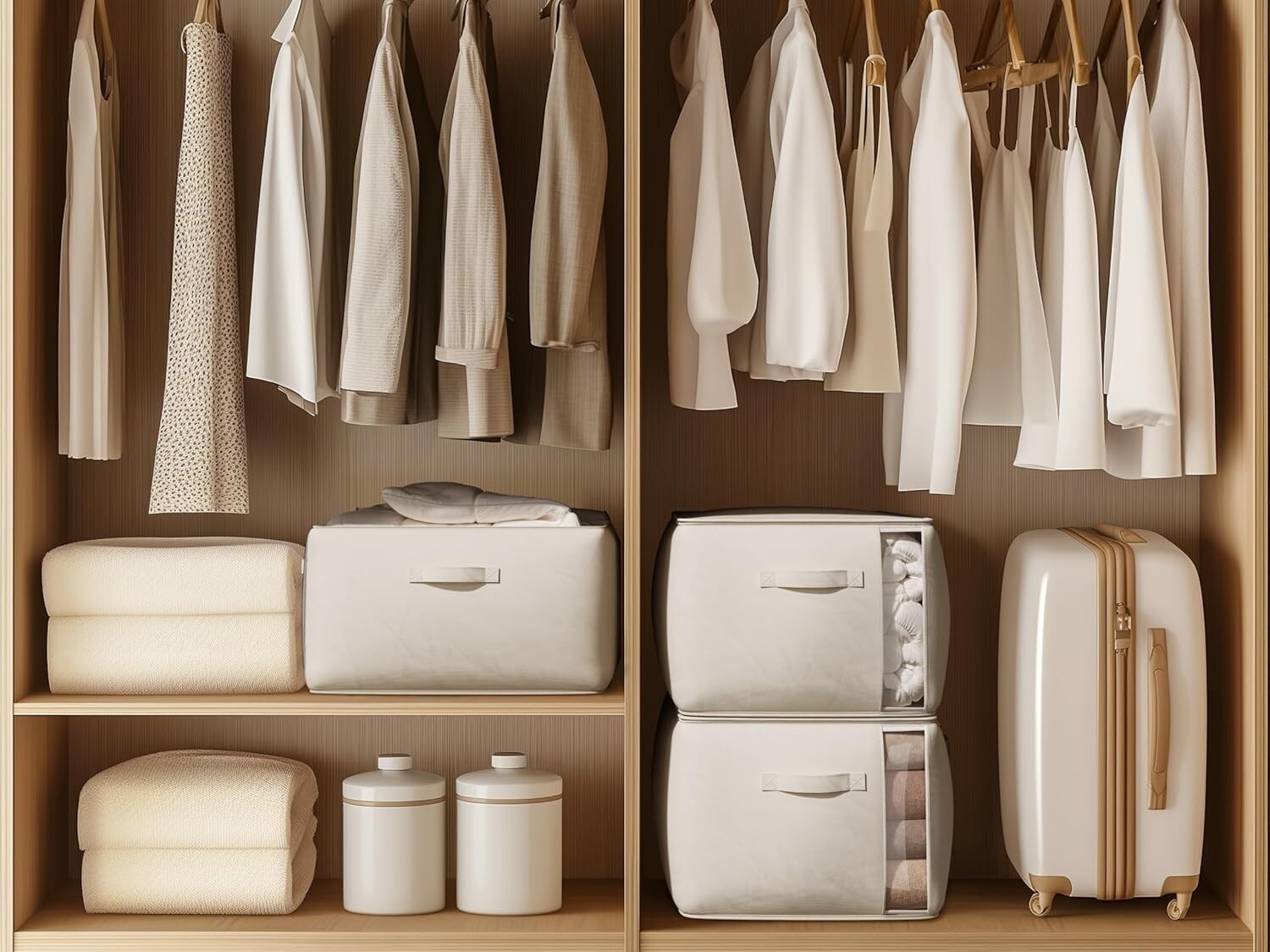 Spacious 70L Foldable Cotton Linen Storage Bags with Zipper & Side Window, Beige