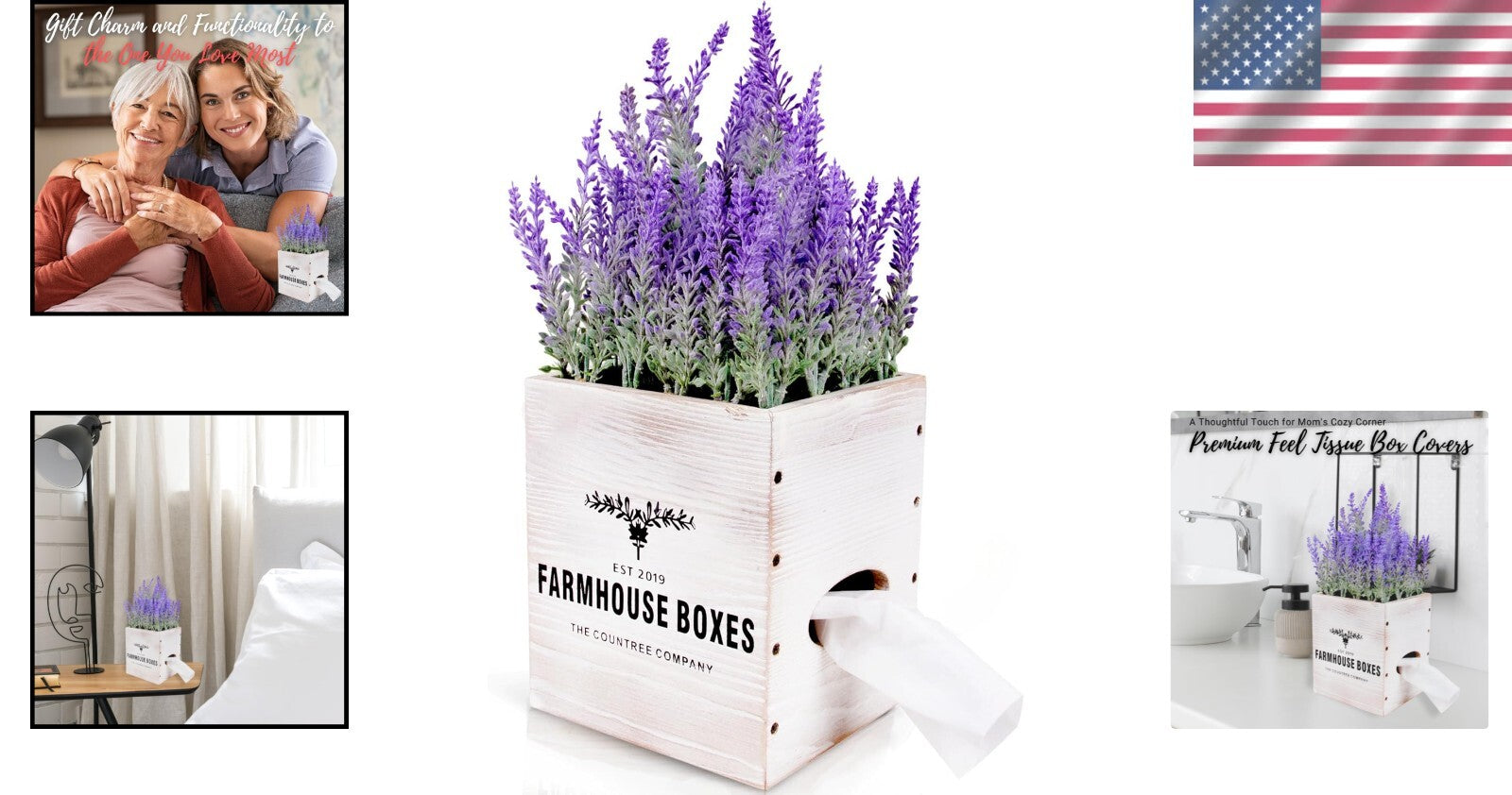Charming Square Tissue Box Cover with Potted Lavender - Rustic Decor Essential