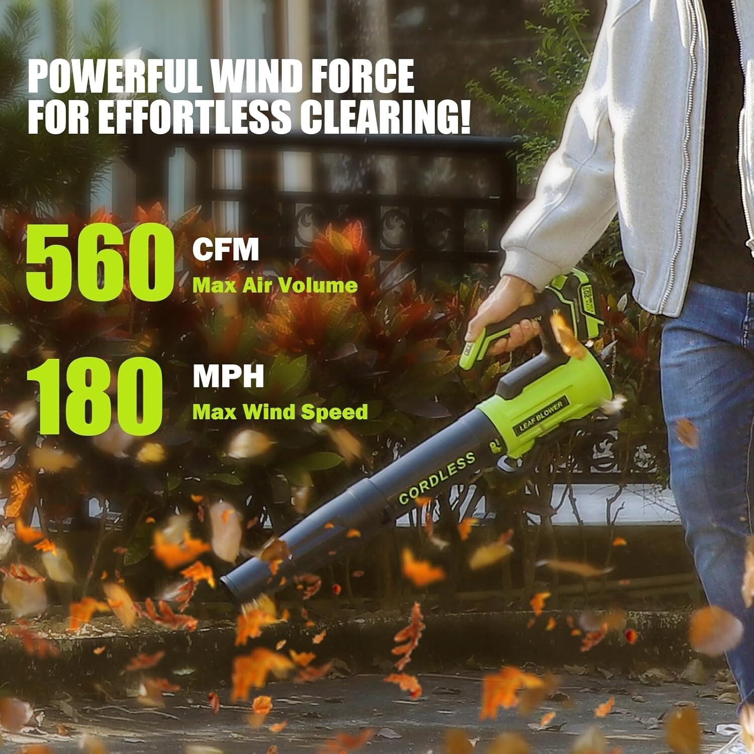 Cordless Leaf Blower with 560 CFM & 180 MPH Power - 2× 4.0Ah Batteries Included