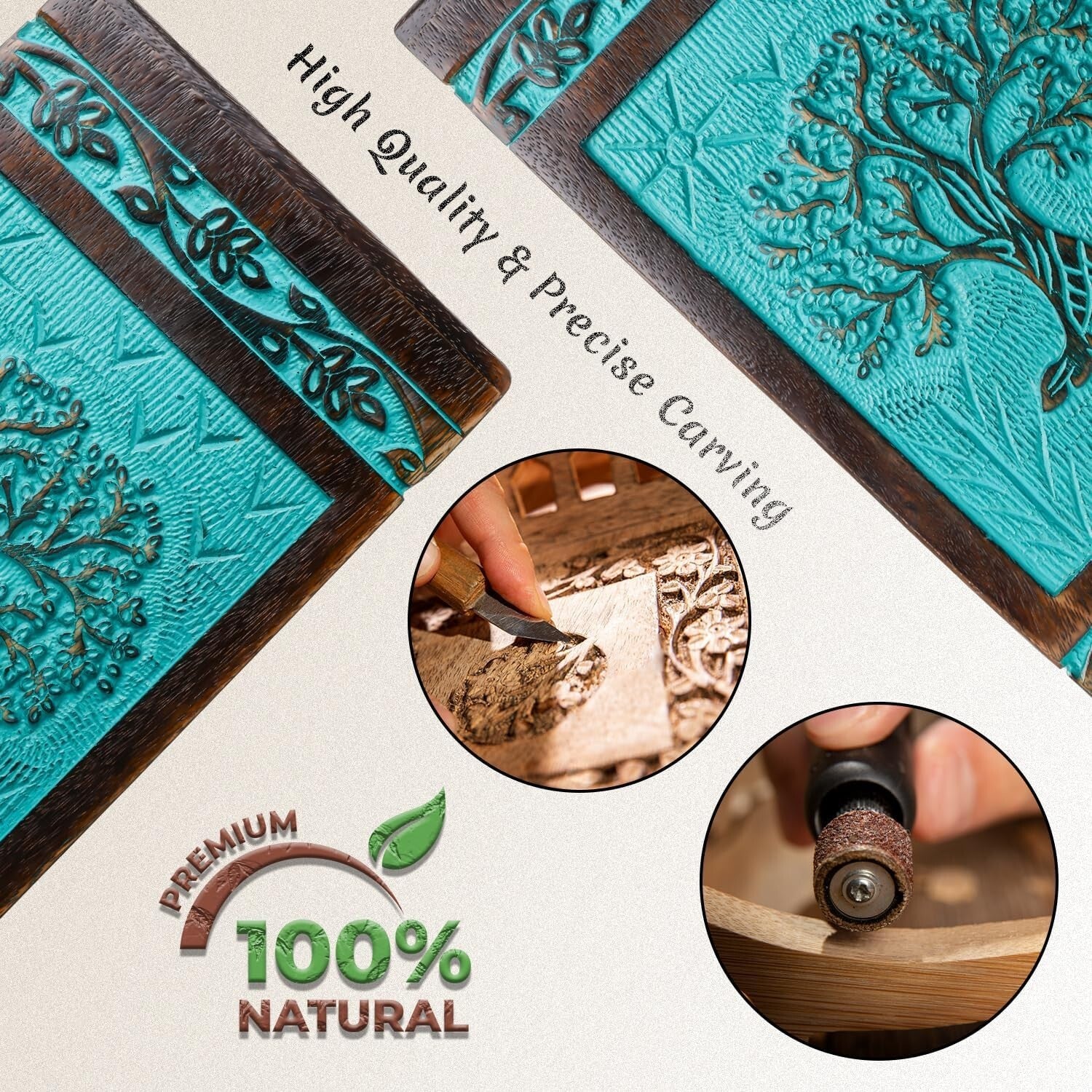 Handcarved Tree of Life Wooden Cremation Urn - 180 lbs Capacity, Teal Green