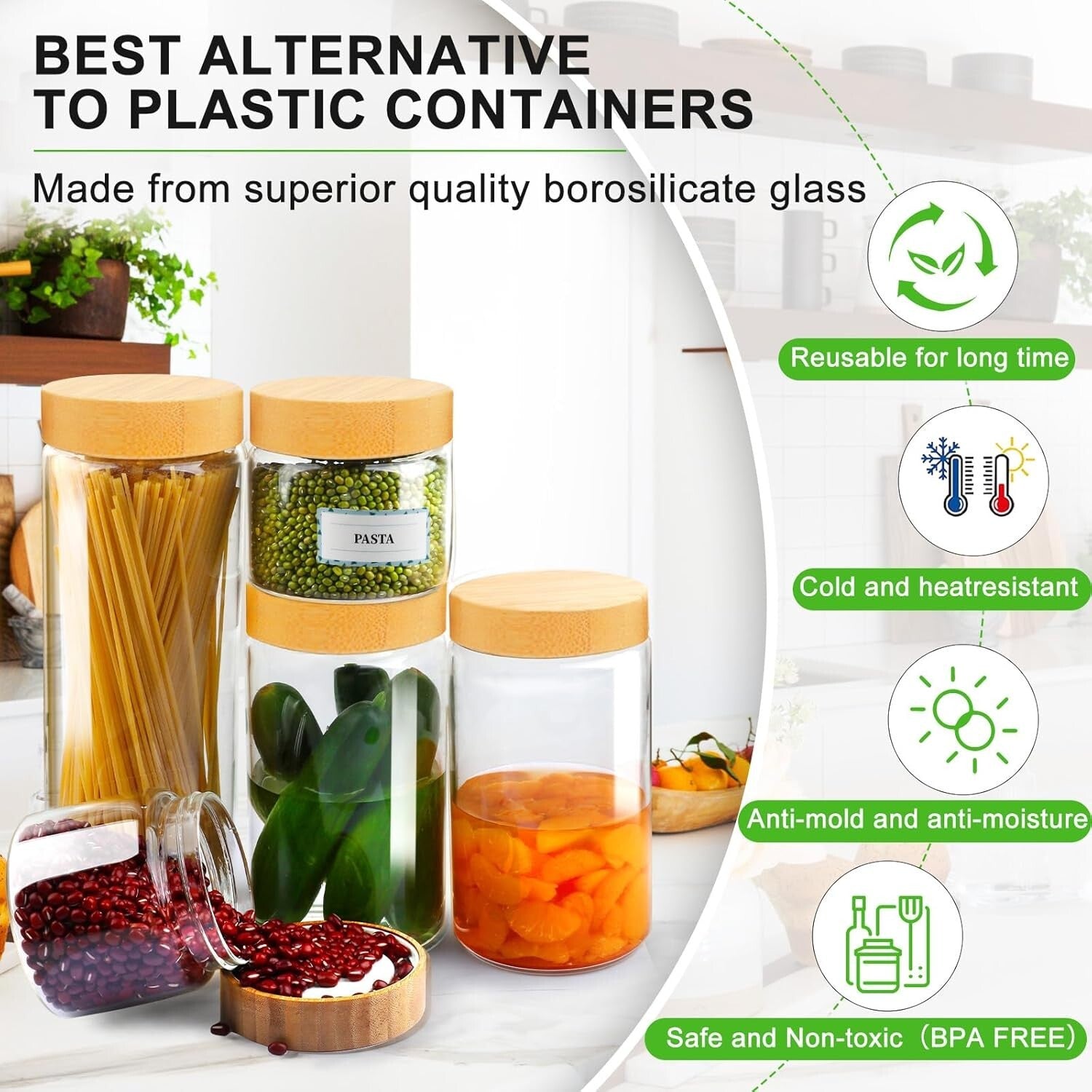 Wide Mouth Airtight Glass Jars with Bamboo Lids - 5 Sizes for Kitchen Pantry