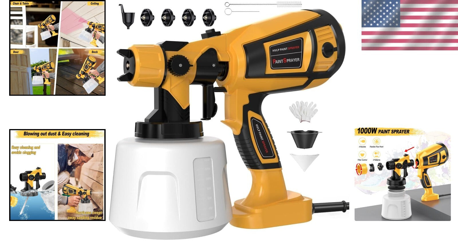 1000W High Power Electric Spray Gun - Easy Clean Paint Sprayer and Accessories