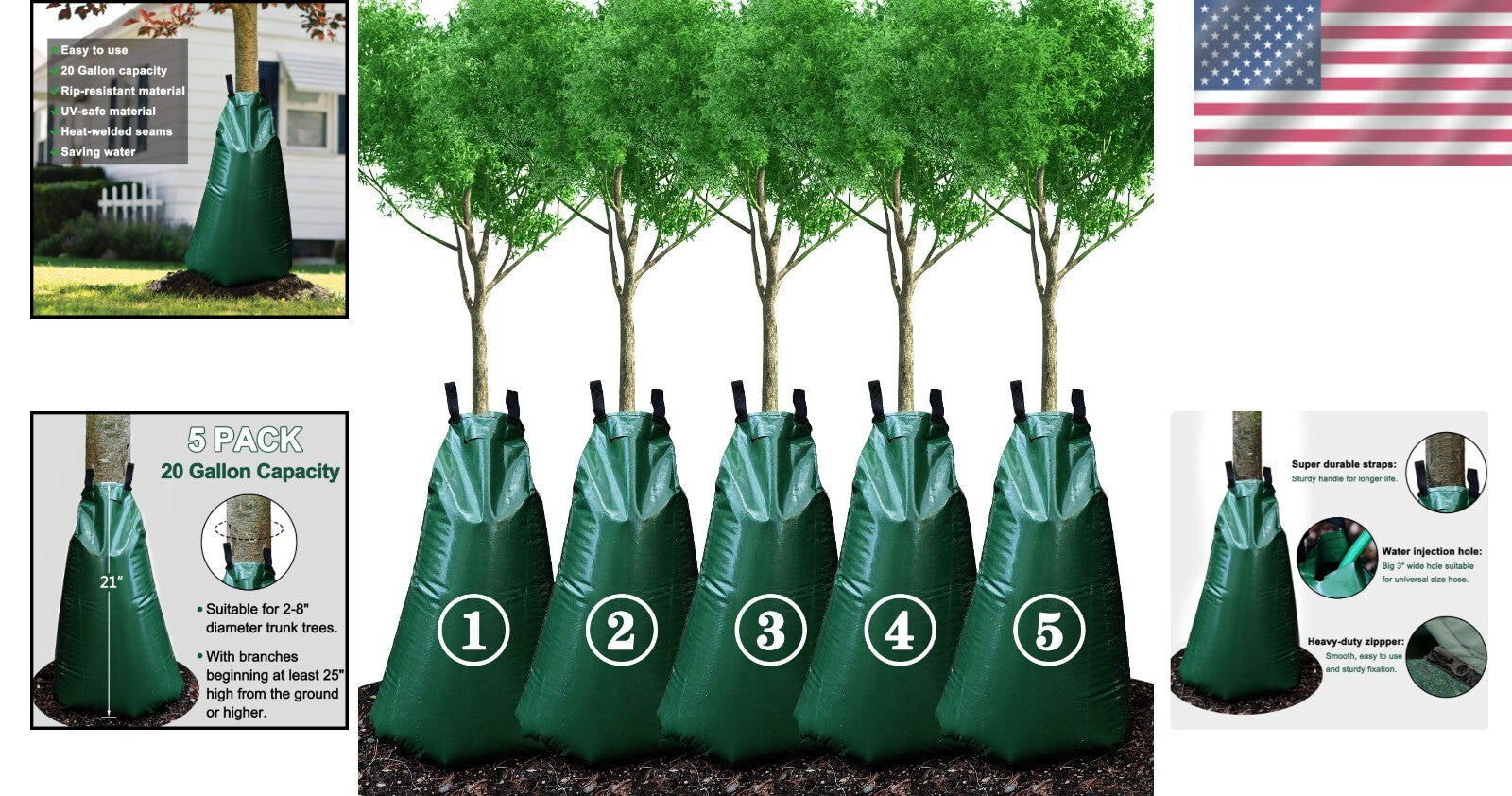 Efficient 20 Gallon PVC Tree Watering Bags - Reusable Drip Irrigation Set of 5