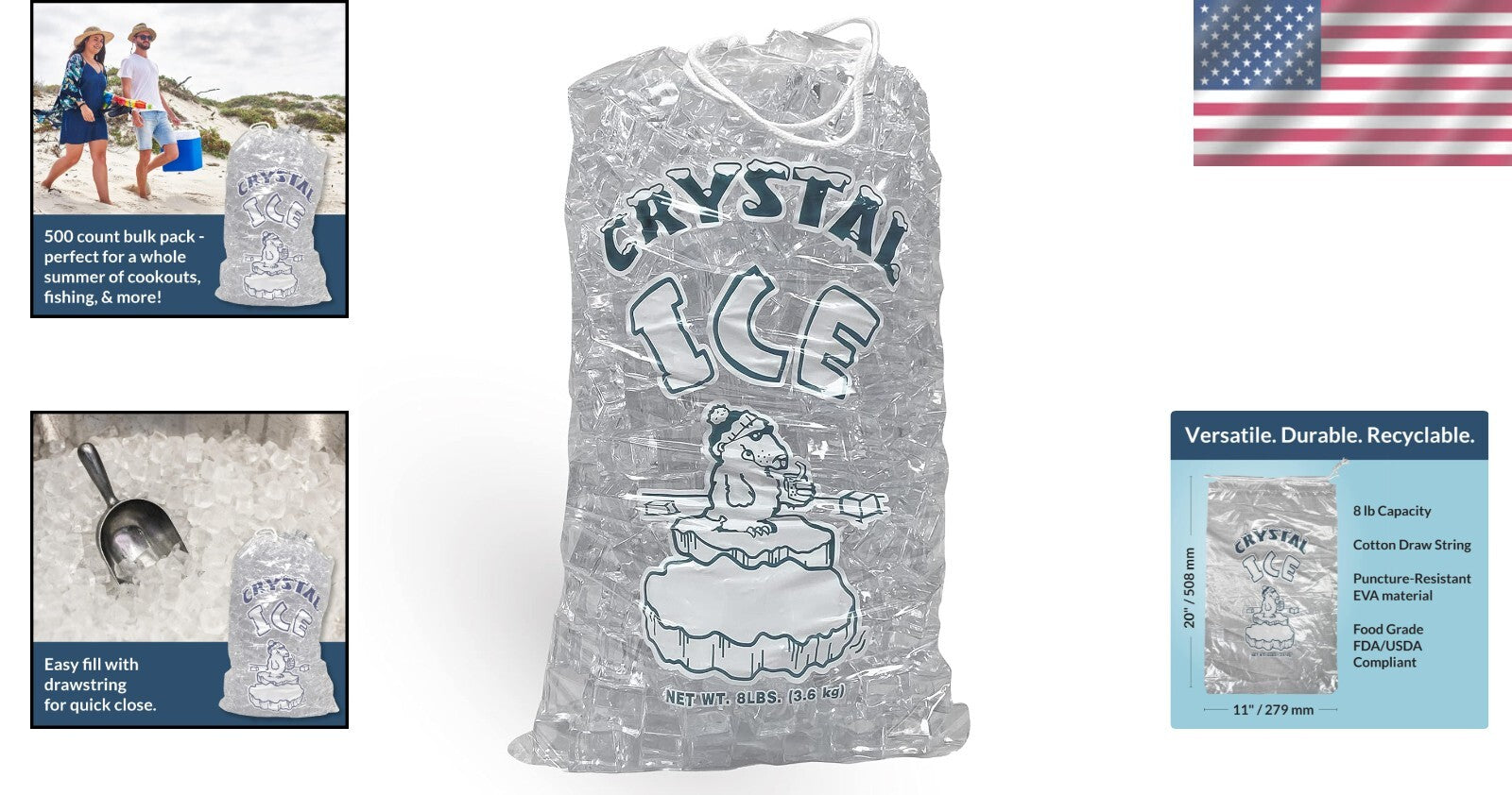 Eco-Friendly 8 lb. Clear Ice Storage Bags - 500 Count with Cotton Drawstring