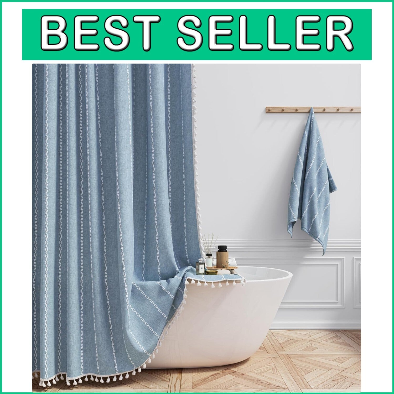 72x84 Bohemian Farmhouse Shower Curtain with Tassel Detail - Blue Elegance