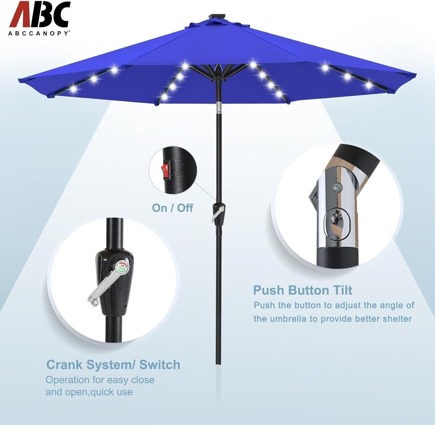 Durable Royal Blue Patio Umbrella with 32 Solar LED Lights - Effortless Shade