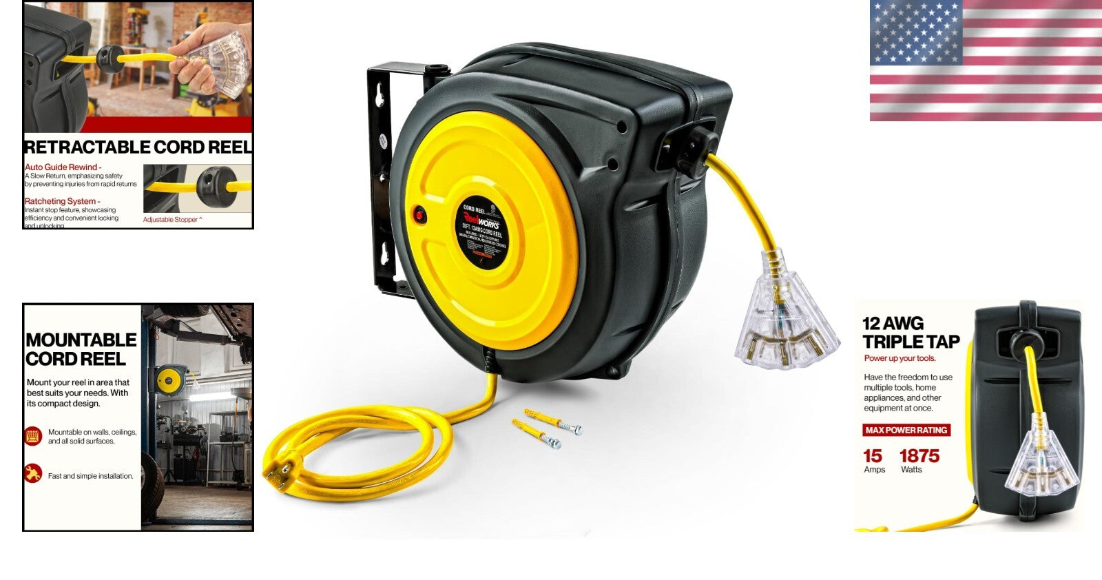 Premium 12AWG x 50ft Extension Cord with Glow Strip & Slow Retraction Technology