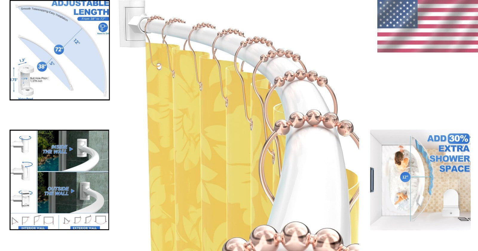 Elegant Curved Shower Curtain Rod 38-72 Inches – Wall Mounted for Ultimate Space