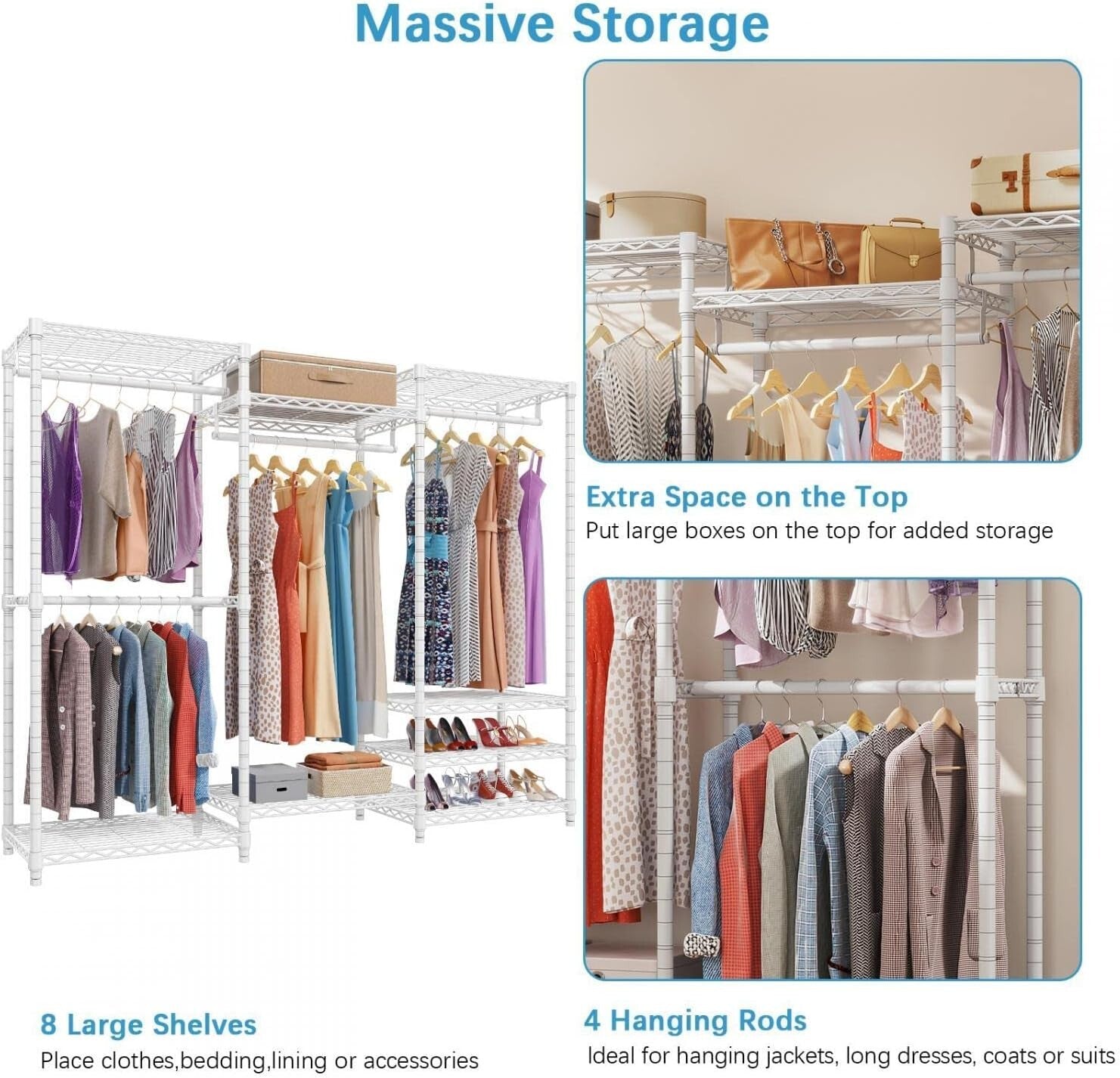 Freestanding White Closet Wardrobe Rack - Supports 890 lbs, 8 Shelves Included