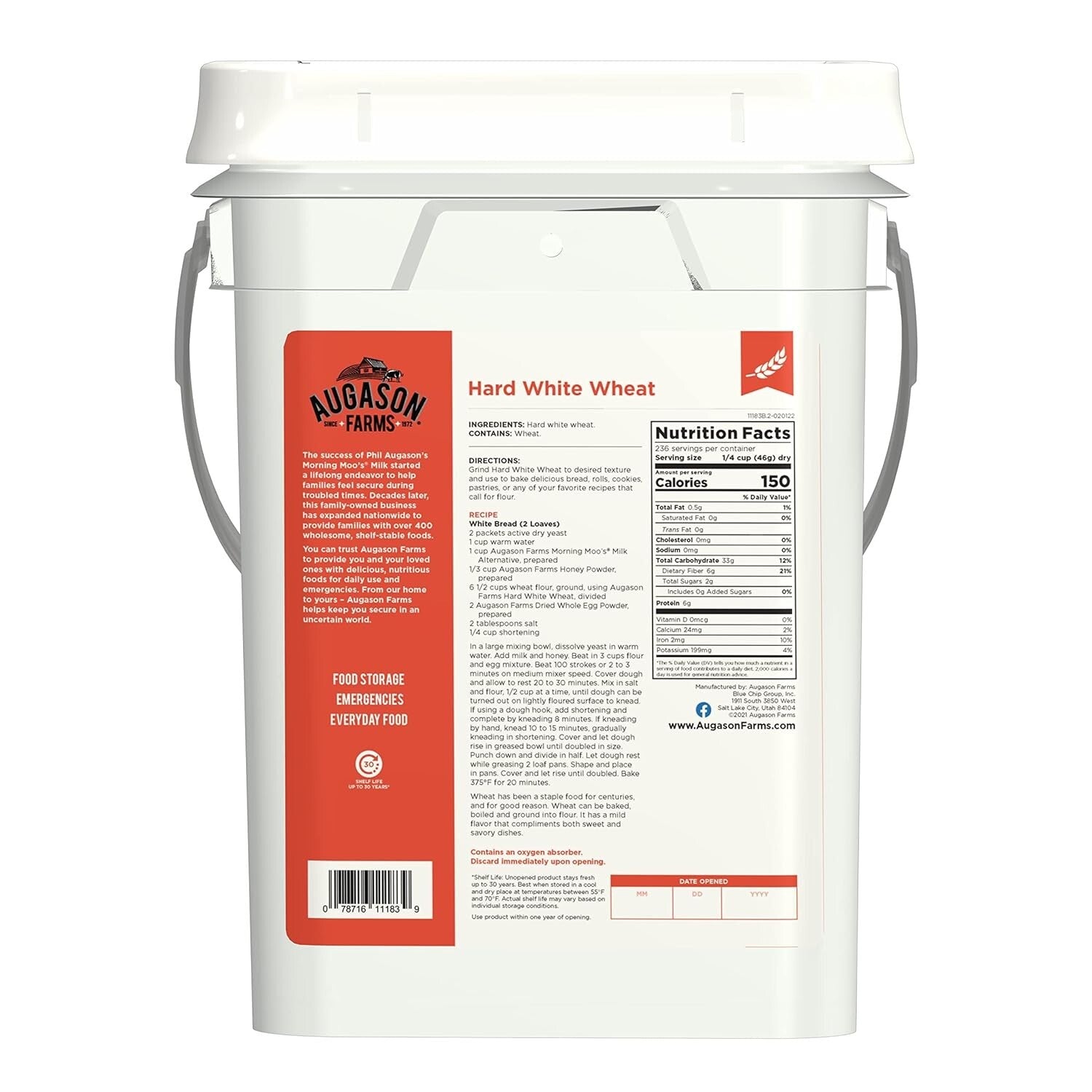 30-Year Storage Hard White Wheat Pail - Ideal for Survival, Camping & Daily Use